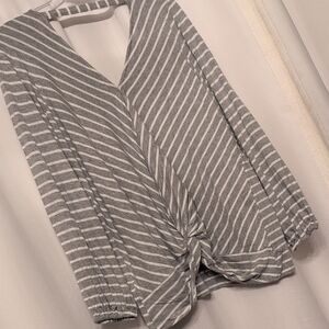 Liverpool Gray and White Striped Blouse with Knot